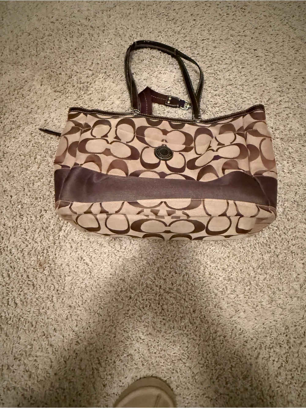 Classic Coach Logo-Pattern Tote Bag in Beige and Brown